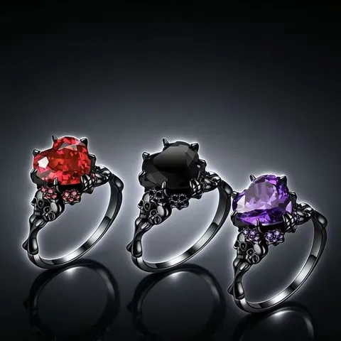 Bague Gothique Cœur Crâne Halloween Électroplaquée Noir en Alliage avec Strass Bague de Promesse pour Homme Femme Bijoux Dark Punk Cadeau