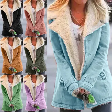 Women's Mid-Length Fleece Lined Warm Jacket Suede Rabbit Hair Blend Spliced Single Breasted Lapel Coat For Autumn Winter