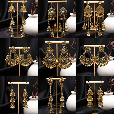 Vintage Bohemian Ethnic Tassel Earrings For Women Antique Gold Hollow Flower Mandala Jhumka Drop Earrings Alloy Jewelry