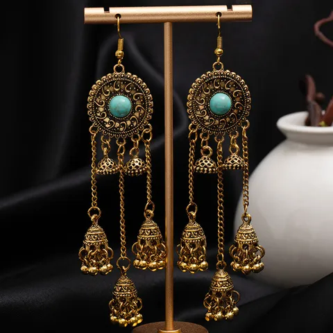Vintage Bohemian Ethnic Tassel Earrings For Women Antique Gold Hollow Flower Mandala Jhumka Drop Earrings Alloy Jewelry