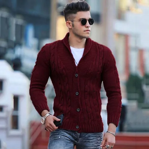 Chaqueta de Punto Trenzado Ajustada para Hombre con Cuello Chal Manga Larga y Botones Abrigo de Punto Invierno