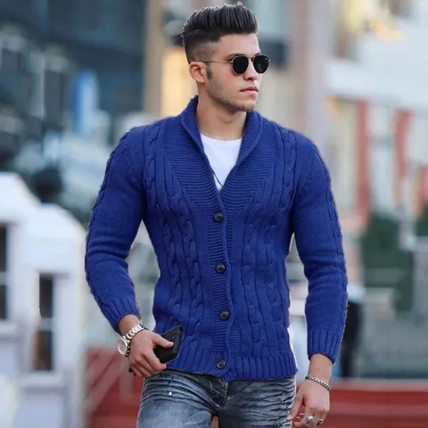 Chaqueta de Punto Trenzado Ajustada para Hombre con Cuello Chal Manga Larga y Botones Abrigo de Punto Invierno