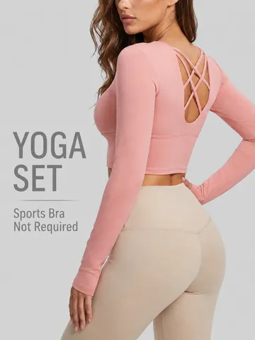 Women's Yoga Set Long Sleeve Crop Top Cross Back With Built-in Pads High Waist Leggings Fitness Workout Suit 2 Piece Sportswear