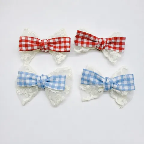 Zoete Geruite Gingham Strik Met Witte Kant Rand DIY Accessoires Voor Haarklem Schoenen Tas Decoratie Stoffen Strik Naaien Handwerk