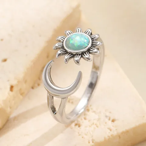Vintage Sonne Mond Offener Ring Verstellbar Kupfer Fingerring Strass Eingelegt Boho Himmlischer Schmuck Für Damen Geschenk