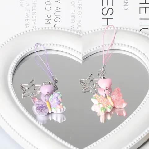 Handmade Butterfly Star Heart Beaded Phone Chain Sweet Resin Floral Bag Charm Pendant Girly Jewelry Gift For Women Students
