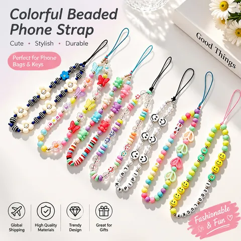 Handmade Colorful Beaded Phone Chain Acrylic Artificial Pearl Smiley Face Bear Flower Heart Charm Anti-Drop Phone Lanyard For Women Girls