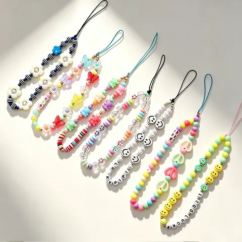 Handmade Colorful Beaded Phone Chain Acrylic Artificial Pearl Smiley Face Bear Flower Heart Charm Anti-Drop Phone Lanyard For Women Girls