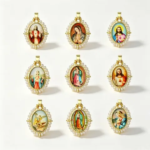 Retro Ovaal Religieus Icoon Hanger Zonder Ketting Koper 18K Verguld Kunstparel Gevlochten Rand Maagd Maria Jezus Hanger Voor DIY Ketting Armband Maken