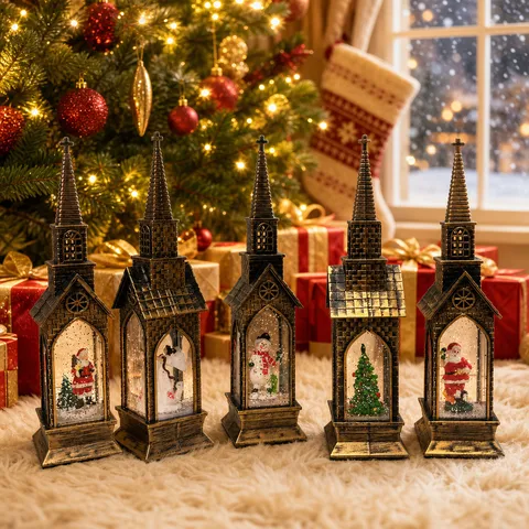 Vintage Christmas Church Lantern Snow Globe Water Filled LED Light Up Santa Claus Snowman Micro Landscape Tabletop Decor