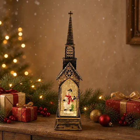 Vintage Christmas Church Lantern Snow Globe Water Filled LED Light Up Santa Claus Snowman Micro Landscape Tabletop Decor