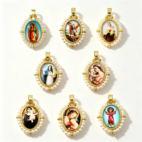 Vintage Oval Religious Pendant With Artificial Pearl Border Copper Gold Plated Virgin Mary Saint Michael Charm For DIY Necklace Jewelry Making Women Pendant Only