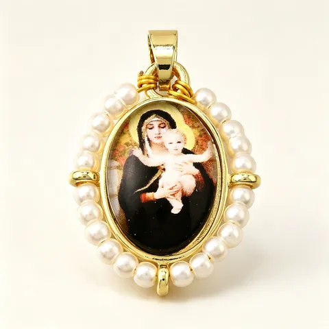 Vintage Oval Religious Pendant With Artificial Pearl Border Copper Gold Plated Virgin Mary Saint Michael Charm For DIY Necklace Jewelry Making Women Pendant Only