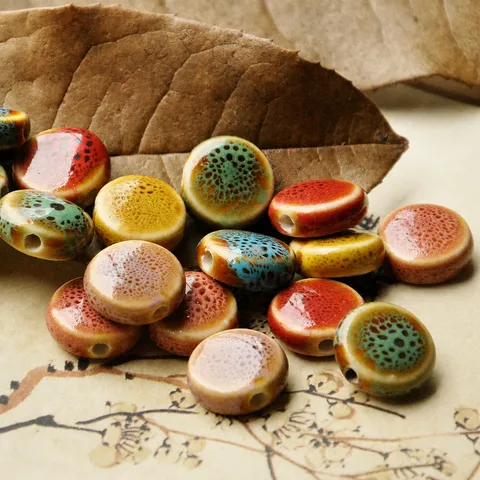 Vintage Ceramic Flat Beads Flower Glaze Kiln Change Mottled Porcelain Loose Beads For Jewelry Making Bracelet Necklace DIY
