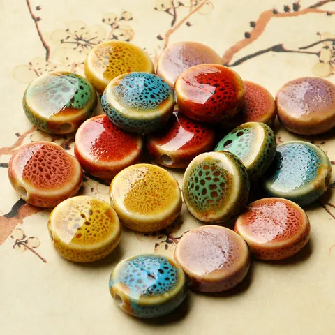 Vintage Ceramic Flat Beads Flower Glaze Kiln Change Mottled Porcelain Loose Beads For Jewelry Making Bracelet Necklace DIY