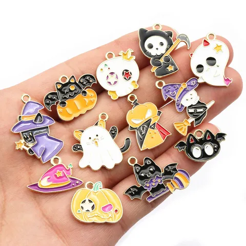 Dijes de Halloween de Aleación de Esmalte Calabaza Esqueleto Fantasma Gato Colgantes para Fabricación de Joyas DIY Pulsera Collar Accesorios