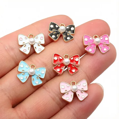Bow Charms Alloy Enamel Bowknot Pendants Colorful Drip Oil Bow Accessories With Artificial Pearl Dot Pattern For DIY Jewelry Making Accessories