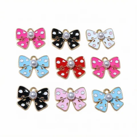 Bow Charms Alloy Enamel Bowknot Pendants Colorful Drip Oil Bow Accessories With Artificial Pearl Dot Pattern For DIY Jewelry Making Accessories
