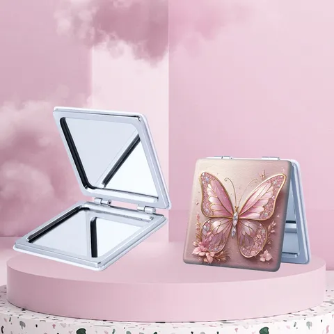 Portable Folding Makeup Mirror Butterfly Relief PU Leather Compact Mirror For Women Students Home Travel Beauty Tool
