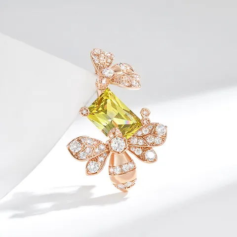Broche de Doble Abeja de Oro Rosa de Lujo Incrustado con Circonita Cúbica Cristal Amarillo Corsage para Mujer Traje Abrigo Joyería