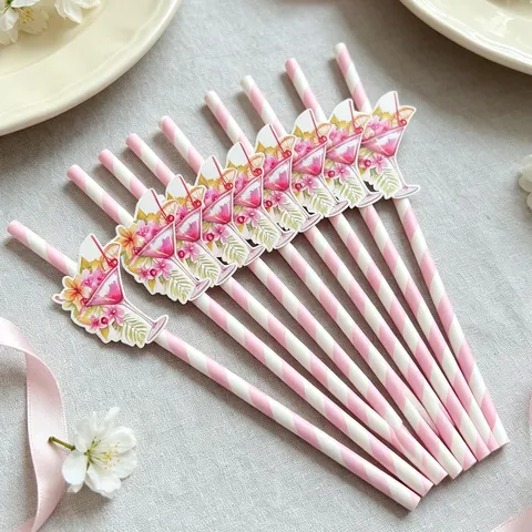 Rosa Gestreifte Papierstrohhalme Mit Cocktailbecher Blumen Deko-Karte Tropen-Thema Für Kinder Geburtstag Party Nachtisch Tischdekoration Trinkhalme