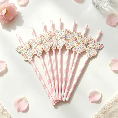 Rosa Weiß Gestreifte Papierstrohhalme Mit Blumenkarten Dekoration Für Kindergeburtstag Tee Party Dessert Tisch Deko