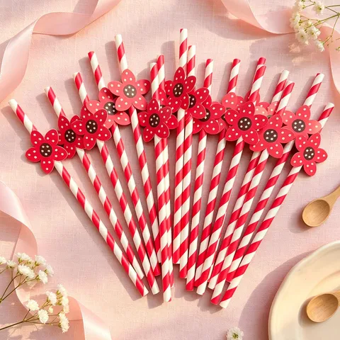 Rote Gepunktete Papier Blumen Strohhalme Für Geburtstagsparty Dekoration Einweg Gestreifte Trinkhalme Hochzeit Feier Desserttisch Zubehör