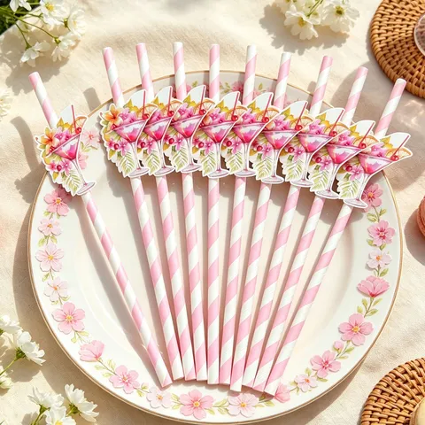 Rosa Gestreifte Papierstrohhalme Mit Cocktailbecher Blumen Deko-Karte Tropen-Thema Für Kinder Geburtstag Party Nachtisch Tischdekoration Trinkhalme