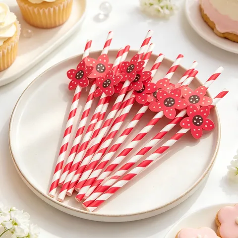 Rote Gepunktete Papier Blumen Strohhalme Für Geburtstagsparty Dekoration Einweg Gestreifte Trinkhalme Hochzeit Feier Desserttisch Zubehör