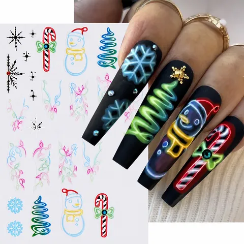 Autocollants pour Ongles de Noël Auto-Adhésifs Dessin Animé Renne Bonhomme de Neige Arbre de Noël Design Néon pour Femme Décoration Ongles DIY