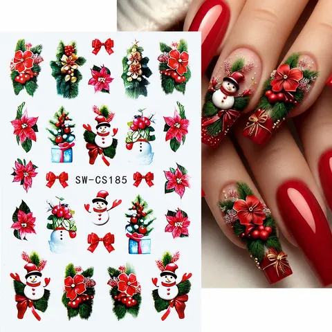 Autocollants pour Ongles de Noël Auto-Adhésifs Dessin Animé Renne Bonhomme de Neige Arbre de Noël Design Néon pour Femme Décoration Ongles DIY