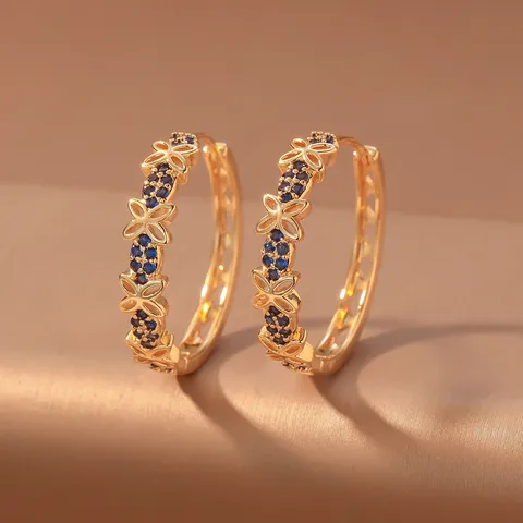 French Sweet Gold Hollow Four-Petal Flower Hoop Earrings For Women Micro-Inlaid Zirconia Elegant Bowknot Copper Jewelry