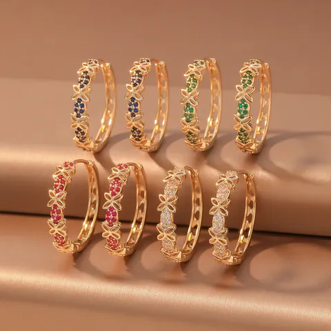 French Sweet Gold Hollow Four-Petal Flower Hoop Earrings For Women Micro-Inlaid Zirconia Elegant Bowknot Copper Jewelry