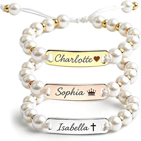 Personalized Stainless Steel Plate Artificial Pearl Bracelet Adjustable Name Necklace Birthstone Jewelry For Women Men Gift