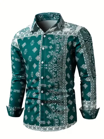 Men's Retro 3D Digital Printed Long Sleeve Shirt 100% Polyester Slim Fit Casual Formal Button Down Shirt For Business Party