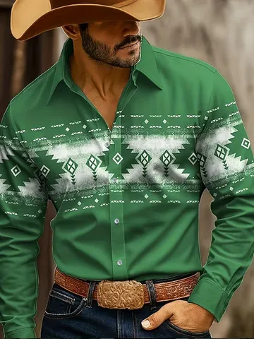 Men's Retro 3D Digital Printed Long Sleeve Shirt 100% Polyester Slim Fit Casual Formal Button Down Shirt For Business Party