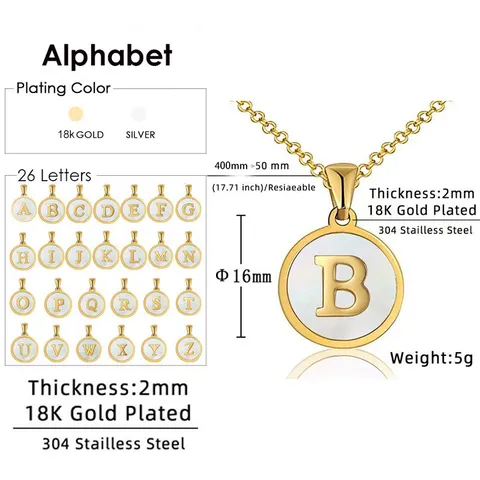Round Initial Necklace 18K Gold Plated 304 Stainless Steel Mother Of Artificial Pearl Inlaid Letter Pendant Minimalist Jewelry
