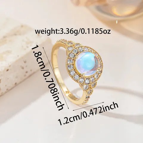 Anello Vintage in Rame Halo Pietra di Luna Artificiale per Donna Placcato Oro Opale Sintetico Strass Anello Gioielli