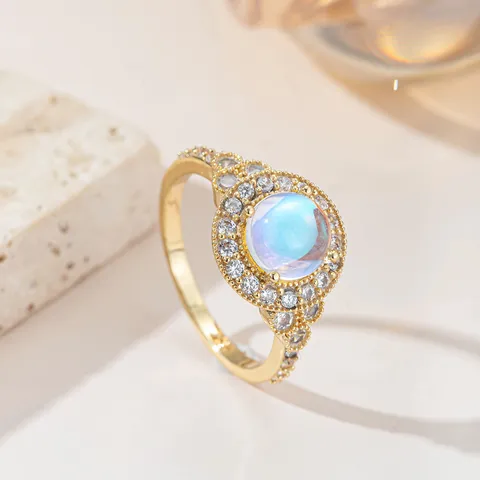 Anello Vintage in Rame Halo Pietra di Luna Artificiale per Donna Placcato Oro Opale Sintetico Strass Anello Gioielli