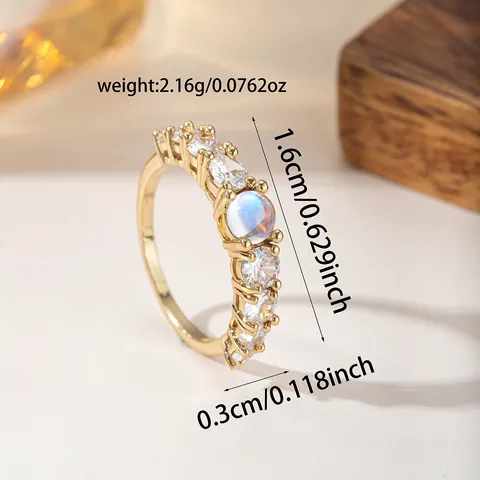 Anello Vintage in Rame con Imitazione di Pietra di Luna per Donna Placcato Oro e Argento Strass Pavé Geometrico Intarsiato Gioielli Regalo