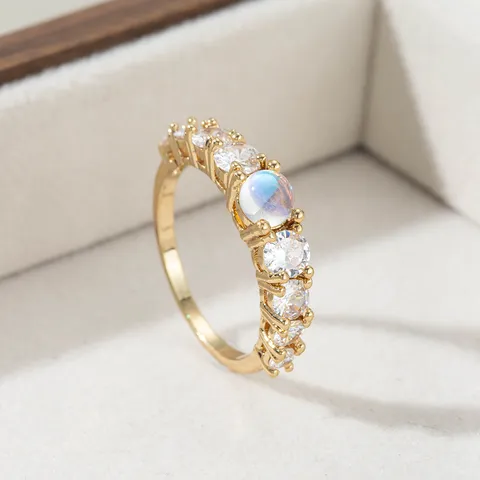 Anello Vintage in Rame con Imitazione di Pietra di Luna per Donna Placcato Oro e Argento Strass Pavé Geometrico Intarsiato Gioielli Regalo