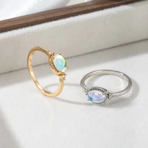 Anello in Rame con Pietra di Luna Sintetica Retro Anello a Fascia con Strass Galvanico Minimalista Gioielli di Moda Donna Uomo Oro Argento
