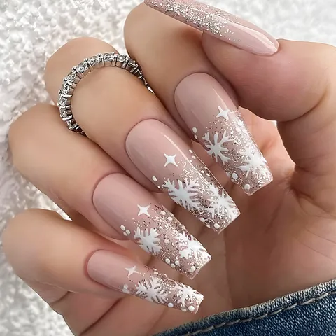 Faux Ongles à Presser de Noël Amande Cercueil Rouge Blanc Rayé Flocon de Neige Renne Strass Faux Ongles pour Femmes Fête de Noël Décoration de Manucure
