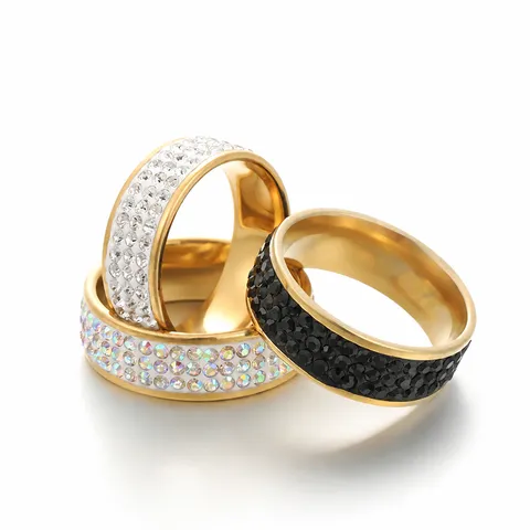 Titanium Steel Rhinestone Ring For Men Women Minimalist 8mm Wide Three Row Inlaid Rhinestone Band Couple Ring Fashion Jewelry