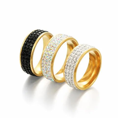 Titanium Steel Rhinestone Ring For Men Women Minimalist 8mm Wide Three Row Inlaid Rhinestone Band Couple Ring Fashion Jewelry