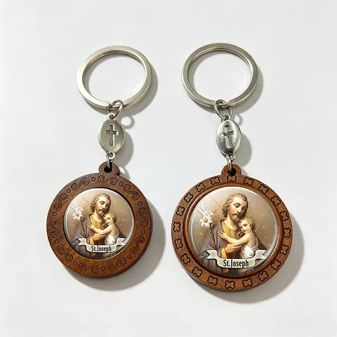 Vintage Wooden Saint Joseph Keychain Religious Cross Pendant Key Ring Yin Yang Tai Chi Clover Glass Wood Key Chain Jewelry