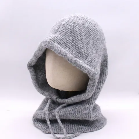 Women Winter Knitted Hooded Scarf Hat Integrated Balaclava Cap Thick Warm Windproof Drawstring Ear Protection Neck Warmer
