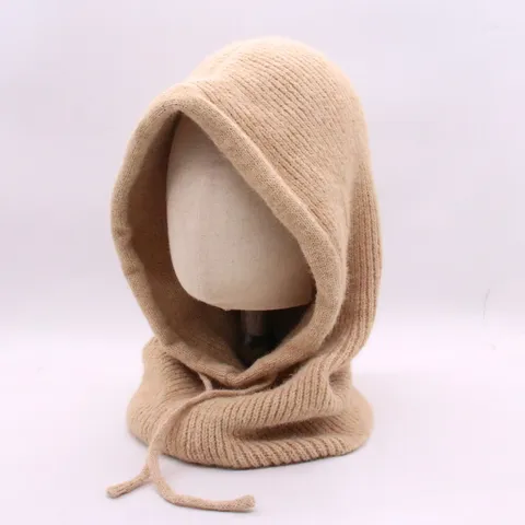 Women Winter Knitted Hooded Scarf Hat Integrated Balaclava Cap Thick Warm Windproof Drawstring Ear Protection Neck Warmer