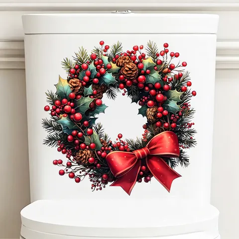Sticker Abattant WC Couronne de Noël Baies Pommes de Pin Nœud Rouge Décoration Salle de Bain Festive PVC Imperméable Mural