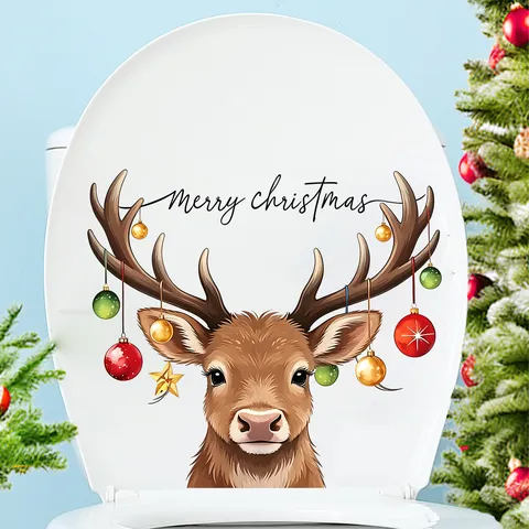 Sticker Couvercle WC Renne de Noël Amovible PVC Dessin Animé Élan Autocollant de Siège de Toilette Décoration Festive de Maison